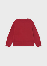 Load image into Gallery viewer, Introduce your daughter to timeless elegance with this Girls Scallop Hem Sweater from Mayoral. Crafted in a classic red hue, this piece combines everyday wearability with feminine charm. The signature scalloped hemline adds a whimsical touch that sets it apart—perfect for layering over collared shirts or pairing with school uniforms. Ideal for girls and tweens seeking a versatile staple that bridges casual and dressy occasions.
