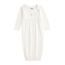 Load image into Gallery viewer, This elegant Christening Crochet Cross Gown is crafted from soft, breathable 100% cotton interlock fabric, ensuring comfort for your little one. Designed for infants aged 0-3 months, this gown features a delicate crochet cross icon that adds a touch of timeless charm. The lap sleeve design allows for easy dressing, while the intricate picot stitch detail enhances its classic appeal. Perfect for christenings, baptisms, or special occasions, this gown combines traditional style with modern comfort, making it