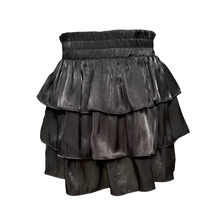 Load image into Gallery viewer, The Luna Skirt in Black Shimmer from Pleat offers a dazzling tiered design that adds sparkle to every step. Perfectly crafted for tween girls, this skirt pairs effortlessly with the striped Oliva Flutter Top or any Pleat shirt, creating a stylish and versatile outfit. Its shimmering fabric makes it ideal for special occasions or everyday wear, giving your child a confident and playful look.