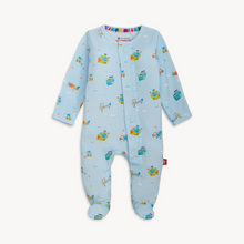 Load image into Gallery viewer, You Haul Modal Magnetic Footie from Magnetic Me transforms diaper changes into a breeze with innovative magnetic closures that open quietly and close securely—no snaps or zippers to fumble with during midnight changes. Featuring a cheerful light blue design with boats, planes, and trucks, this sustainable modal sleeper feels silky-soft against delicate skin while naturally regulating temperature for all-day comfort. 