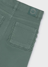 Load image into Gallery viewer, Effortless style meets playful design with these Girls Wide Leg Twill Pants in soft sage green. Crafted from quality twill, the relaxed wide-leg silhouette offers comfortable everyday wear, while charming pocket details add a whimsical touch that sets them apart. Layer with any sweater or blouse from the Mayoral or Pleat collections for a polished, coordinated look.