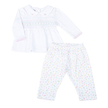 Load image into Gallery viewer, Clara's Classics Smocked Collared Tunic Set - the perfect outfit for your little one's wardrobe. This delicate white tunic features a beautiful smocked design and is paired with matching floral print leggings. From outings to special occasions, your little girl will look adorable and feel comfortable in this Magnolia Baby set.