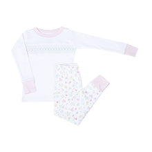 Load image into Gallery viewer, Introducing Clara's Classics Smocked Toddler Long Pajamas, the perfect bedtime attire for your little one. These pajamas are made by Magnolia Baby and feature beautiful Spring-colored smocking detail and a charming floral print on the pants. Comfortable and stylish, these pajamas will have your toddler sleeping soundly and looking adorable.
