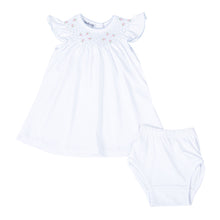 Load image into Gallery viewer, This Charlotte's Classics Bishop Flutter Sleeve Toddler Dress from Magnolia Baby is perfect for any casual event. The smocked collar and delicately embroidered rosettes add a charming touch, while the soft Pima cotton material ensures comfort for your little one. Dress them up for play while still looking stylish. (Bloomers not included with sizes 2t-4t).