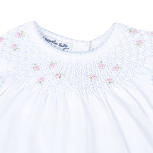 Load image into Gallery viewer, This Charlotte's Classics Bishop Flutter Sleeve Toddler Dress from Magnolia Baby is perfect for any casual event. The smocked collar and delicately embroidered rosettes add a charming touch, while the soft Pima cotton material ensures comfort for your little one. Dress them up for play while still looking stylish. (Bloomers not included with sizes 2t-4t).