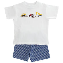 Load image into Gallery viewer, Introduce your little builder to adorable style with this Boys Lil' Diggers Knit Short Set from Bailey Boys. The charming embroidered digger vehicles on this classic white tee and coordinating navy and white plaid coordinating shorts create an easy everyday classic look. The soft, quality construction makes it perfect for active toddler, while the cheerful construction-themed embroidery sparks imagination and joy.
