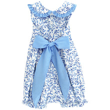 Load image into Gallery viewer, Discover timeless elegance with the Girls Summer Breeze Floral Romper by Bailey Boys. This charming one-piece features a classic peter pan collar and delicate back tie, creating a polished look that's perfect for spring celebrations and special occasions. The modern blue and white floral print brings fresh, contemporary style to a beloved vintage silhouette. Comfortable and effortlessly chic, this romper is an essential addition to any young girl's wardrobe for memorable moments ahead.