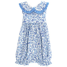 Load image into Gallery viewer, Discover timeless elegance with the Girls Summer Breeze Floral Romper by Bailey Boys. This charming one-piece features a classic peter pan collar and delicate back tie, creating a polished look that's perfect for spring celebrations and special occasions. The modern blue and white floral print brings fresh, contemporary style to a beloved vintage silhouette. Comfortable and effortlessly chic, this romper is an essential addition to any young girl's wardrobe for memorable moments ahead.