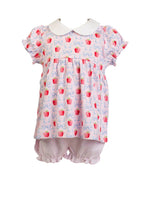 Load image into Gallery viewer, Dress your little one in the enchanting Apple Blossoms Bloomer Set by The Proper Peony. This delightful ensemble features charming apple and bow prints, complemented by a soft white Peter Pan collar. Crafted from luxurious Pima cotton, it offers unmatched comfort—perfect for those memorable first school days!