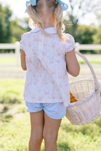 Load image into Gallery viewer, The Hoppy Bloomer Set, made with 100% Pima cotton for ultimate softness and comfort. The charming bunny print and Peter Pan collar add adorable touches, while the front pockets and coordinating blue bloomers offer practicality. Perfect for your little girl to celebrate the upcoming Easter season in comfort and style! Sibling match available in Jon Jon and Dress!