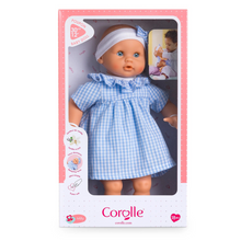 Load image into Gallery viewer, Meet Bébé Calin Milly, the perfectly sized companion for young doll enthusiasts. Milly mimics real baby movements—she sits independently, sleeps when laid on her back, and even enjoys her thumb or pacifier. Her delicate features include soft-touch vinyl skin, peaceful blue eyes, and that signature vanilla scent Corolle is known for. Dressed in an adorable blue gingham outfit with matching headband.