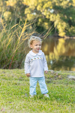 Load image into Gallery viewer, Celebrate nature’s beauty with the Mallard Migration Bloomer Pants Set by Trotter Street Kids. This charming khaki check top, featuring graceful migrating mallards and a crisp white Peter Pan collar, pairs perfectly with light blue pants—designed to inspire adventure in every outdoor-loving little boy.