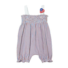 Load image into Gallery viewer, Celebrate your little one's love for the stars and stripes with our Infant Girls 4th of July Patriotic Donna Romper! Made from seersucker fabric in patriotic red, white, and blue, this romper features a smocked bodice and adorable heart US flag embellishment. Perfect for showing off her American pride!