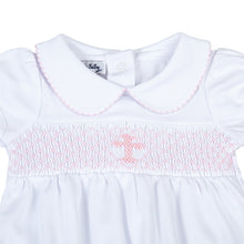 Load image into Gallery viewer, Wrap your little one in love and blessings with our Girls Pink Smocked Blessed Bubble. Made from soft, high-quality fabric, this bubble features delicate pink smocking and a beautiful cross detail, perfect for any special Baptism and religious occasion. With its classic peter pan collar, your little girl will look and feel blessed.