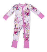 Load image into Gallery viewer, Angel Dear’s Dahlia Floral Convertible Romper wraps your little one in vibrant purple blooms, blending comfort with joyful style. Perfect for brightening any day, this versatile romper brings charm and ease to your infant’s wardrobe. A delightful gift that sparks smiles and endless cuddles!
**NB size is a 2 Way Zipper Footie**
