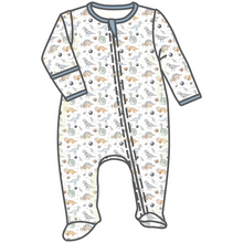 Load image into Gallery viewer, Blast off to bedtime with the Luna & Arlo Cosmic Dinos Zip Footie in Cobalt Blue. Crafted from sumptuous Pima Cotton, this cozy footie wraps your little dreamer in cloud-soft comfort. Featuring an enchanting all-over print of adorable dinosaurs sporting space helmets, it sparks imagination even at rest. Cobalt Blue accents on the trims and zipper bring a delightful pop of color that makes bedtime feel like an adventure. The convenient front zip makes diaper changes and bedtime routines effortless.