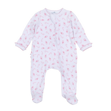 Load image into Gallery viewer, Snuggle your little one in holiday cheer with the Sweet Peppermint Print Zip Footie. Made from 100% luxurious Pima Cotton, it’s soft and gentle on delicate skin while keeping your baby warm. The festive candy cane print adds charm, and the two-way zipper makes dressing and diaper changes effortless. Integrated footies keep tiny toes cozy all day and night, making this footie perfect for joyful, comfortable holiday moments.