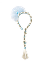 Load image into Gallery viewer, Our Ice Queen Princess Hair Braid features a delicate arrangement of glistening snowflakes that cascade down the blond hair braid like a magical frozen waterfall. The luminous icy hues of blonde & blue, evoke a sense of enchantment, adding an ethereal touch to any look.
Embrace your inner ice queen and let your hair shimmer and shine with the spellbinding beauty of the Ice Queen Princess Hair Braid.