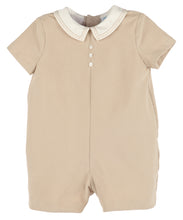 Load image into Gallery viewer, Dress your little one in timeless charm with the Cozy Corduroy Romper from Luli & Me. Crafted from soft corduroy in a gentle light khaki, this romper features a classic Peter Pan collar and delicate button details, making it perfect for special occasions. Its comfortable fabric ensures your infant boy stays cozy while looking effortlessly stylish. Ideal for memorable moments, this romper combines tradition and comfort in one sweet outfit.