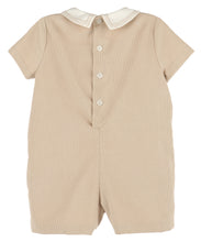 Load image into Gallery viewer, Dress your little one in timeless charm with the Cozy Corduroy Romper from Luli & Me. Crafted from soft corduroy in a gentle light khaki, this romper features a classic Peter Pan collar and delicate button details, making it perfect for special occasions. Its comfortable fabric ensures your infant boy stays cozy while looking effortlessly stylish. Ideal for memorable moments, this romper combines tradition and comfort in one sweet outfit.