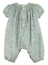 Load image into Gallery viewer, Dress your little one in timeless elegance with the Winter Blooms Aqua Bishop Bubble from Luli & Me. Featuring a delicate floral pattern, a smocked bishop neckline, and intricate embroidered details, this long bubble combines classic style with all-day comfort. Perfect for special occasions, it ensures your child looks charming while feeling cozy and free to move.