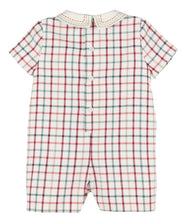 Load image into Gallery viewer, Dress your little one in timeless charm with the Tattersall Plaid Romper from Luli & Me. Featuring a classic collar and cozy fall plaid, this set combines classic style with comfort, making it ideal for any autumn occasion. Perfectly designed for infant boys, it ensures he looks adorable while staying comfortable throughout the day.
