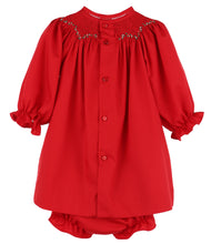 Load image into Gallery viewer, Dress your little one in timeless charm with the Infant Girls Merry & Bright Smocked Bishop Dress from Luli & Me. This bright red bishop dress features delicate hand smocking and embroidery on the neckline, adding a touch of classic elegance. Complete with a matching diaper cover, it ensures both style and comfort for your infant. Perfect for special occasions or festive moments, this dress makes your baby shine with joyful brightness.