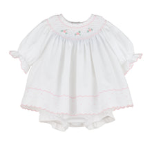 Load image into Gallery viewer, Dress your little one in timeless charm with the Infant Girl's Classic Embroidery Bishop Dress from Luli & Me. This beautiful white bishop dress features delicate hand-smocking and embroidery on the neckline, adding a touch of classic elegance in pink. Complete with a matching bloomers, it ensures both style and comfort for your infant. Perfect for special occasions or festive moments, this dress makes your baby shine with joyful brightness.