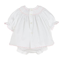 Load image into Gallery viewer, Dress your little one in timeless charm with the Infant Girl's Classic Embroidery Bishop Dress from Luli & Me. This beautiful white bishop dress features delicate hand-smocking and embroidery on the neckline, adding a touch of classic elegance in pink. Complete with a matching bloomers, it ensures both style and comfort for your infant. Perfect for special occasions or festive moments, this dress makes your baby shine with joyful brightness.