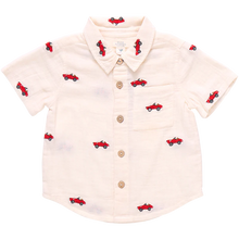 Load image into Gallery viewer, This soft muslin Vintage Car Embroidered Shirt from Blue Rooster is a must-have for boys who love classic cars. The button up design and classic collar add a touch of sophistication, while the embroidered cars bring a fun and unique element to this shirt. Perfect for any young car enthusiast! Pair with our Boys Jackson Short for a versatile look that works for school days, neighborhood games and a family outings alike. 