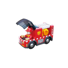 Load image into Gallery viewer, Get ready for action with this Fire Truck featuring an exciting siren and a movable ladder. Designed for children aged 3 and up, it lets little firefighters race to the rescue, saving the cat from the top floor. Press the button to activate the realistic light and siren, then extend and rotate the ladder for daring missions. Requires two LR44 batteries (not included) to bring the adventure to life. Perfect for inspiring imaginations and hours of heroic play.