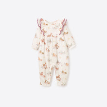 Load image into Gallery viewer, Wrap your little one in whimsical woodland charm with the Infant Girl's Organic Muslin Forest Family Printed Ruffle Jumpsuit. Featuring sweet woodland characters and delicate ruffle details, this soft, breathable jumpsuit is perfect for cozy playtime and outings. Ideal for adding a touch of nature-inspired magic to your baby's wardrobe.