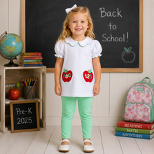 Load image into Gallery viewer, Spark joy in your toddler’s wardrobe with the ABC Pockets Leggings Set by Zuccini Kids! The light blue striped tunic, detailed with charming ABC and 123 pockets and a classic Peter Pan collar, pairs perfectly with cozy leggings—making every first day of school or playtime unforgettable and full of smiles!