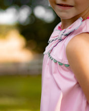 Load image into Gallery viewer, Introducing the Annie Bow Dress from The Yellow Lamb, a must-have for toddler girls. This light pink dress features a beautiful bow on one shoulder with colorful ric rac detail. Dress up your little one in style and complete the look for sisters with the matching pantaloon set for infant girls.