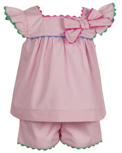 Load image into Gallery viewer, Introducing the Annie Bow Pantaloon Set from The Yellow Lamb, a must-have for infant & toddler girls. This light pink set features a beautiful bow on one shoulder with colorful ric rac detail. Dress up your little one in style and complete the look for sisters with the matching dress for toddler and big girls.