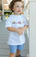 Load image into Gallery viewer, Introduce your little builder to adorable style with this Boys Lil' Diggers Knit Short Set from Bailey Boys. The charming embroidered digger vehicles on this classic white tee and coordinating navy and white plaid coordinating shorts create an easy everyday classic look. The soft, quality construction makes it perfect for active toddler, while the cheerful construction-themed embroidery sparks imagination and joy.