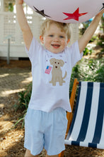 Load image into Gallery viewer, Celebrate summer in style with the Patriotic Pup Knit Boys Short Set by Bailey Boys! This charming outfit features a soft white shirt with an adorable patriotic puppy appliqué, complemented by blue striped knit shorts. Perfect for July 4th festivities, it ensures comfort and fun for your little one!