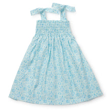 Load image into Gallery viewer, Get ready for some fun in the sun with the Sandcastles Blue Betsy Dress from Lila & Hayes! This toddler dress features a vibrant ocean blue color with a playful sand castle design and comfortable smocked bodice. The tie straps add an extra touch of cuteness. Available in sizes 2t-6, this dress is perfect for a beach vacation.