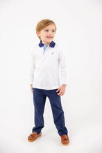 Load image into Gallery viewer, The Prepletic Sheffield Pants in Nantucket Navy by The Beaufort Bonnet Company blend timeless style with performance fabric, offering comfort and durability for your little one. The classic silhouette and signature stork detail elevate every outfit, perfect for any occasion from playtime to special moments!