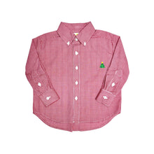 Load image into Gallery viewer, Celebrate the season in style with the Boy's Christmas Tree Alton Gingham Shirt from Zuccini Kids. This charming red and white gingham button up shirt t is adorned with a festive Christmas Tree embroidered detail. This shirt is the perfect holiday outfit for your son to shine and coordinate perfectly with sibling looks. Pair with the Christmas Tree Red Corduroy Pants.