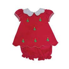 Load image into Gallery viewer, Celebrate the season in style with the Girls Christmas Tree Kendall Sundae Set from Zuccini Kids. This charming red corduroy bloomer set is adorned with festive Christmas Tree embroidery and accented with classic red and white gingham details. Featuring a delicate back bow and scalloped hem, it’s the perfect holiday outfit for your little one to shine and coordinate beautifully with sibling looks. Embrace timeless holiday cheer and create lasting memories in this delightful set.