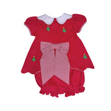Load image into Gallery viewer, Celebrate the season in style with the Girls Christmas Tree Kendall Sundae Set from Zuccini Kids. This charming red corduroy bloomer set is adorned with festive Christmas Tree embroidery and accented with classic red and white gingham details. Featuring a delicate back bow and scalloped hem, it’s the perfect holiday outfit for your little one to shine and coordinate beautifully with sibling looks. Embrace timeless holiday cheer and create lasting memories in this delightful set.