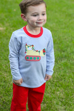 Load image into Gallery viewer, Boys Construction Christmas Pant Set from Trotter Street Kids. This charming navy and white striped tee features festive red accents and a playful bulldozer applique wrapped in colorful Christmas lights. Coordinating red pants make this a set. Soft and comfortable, it’s perfect for keeping your little one cozy while adding a fun, seasonal touch to holiday photos and gatherings. 