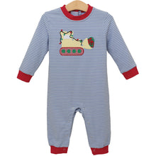 Load image into Gallery viewer, Infant Boys Construction Christmas Romper from Trotter Street Kids. This charming navy and white striped romper features festive red accents and a playful bulldozer applique wrapped in colorful Christmas lights. Soft and comfortable, it’s perfect for keeping your little one cozy while adding a fun, seasonal touch to holiday photos and gatherings. 