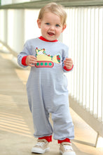 Load image into Gallery viewer, Infant Boys Construction Christmas Romper from Trotter Street Kids. This charming navy and white striped romper features festive red accents and a playful bulldozer applique wrapped in colorful Christmas lights. Soft and comfortable, it’s perfect for keeping your little one cozy while adding a fun, seasonal touch to holiday photos and gatherings. 