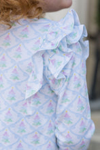 Load image into Gallery viewer, The Girls Favorite Things Legging Set from James & Lottie offers a charming combination of style and comfort. Featuring a pastel-colored Christmas tree print on a ruffled shoulder top paired with coordinating blue leggings, this set is perfect for toddlers and young girls. Its festive design and soft fabric make it ideal for holiday gatherings or everyday wear, ensuring your little one stays cozy and stylish all season long.