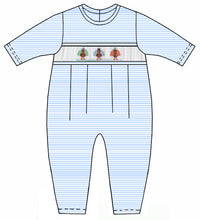Load image into Gallery viewer, Petit Bebe’s Blue Knit Striped Turkey Smocked Long Romper brings warmth and charm to every Thanksgiving moment. Crafted with cozy knit fabric and delicate turkey smocking, it wraps your little one in comfort and festive spirit, whether with footies for infants or an easy fit for older babies!
Footie - 3m, 6m
Footless Romper - 9m, 12m, 18m, 24m