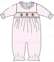 Load image into Gallery viewer, Petit Bebe’s Pink Knit Striped Turkey Smocked Long Romper brings warmth and charm to every Thanksgiving moment. Crafted with cozy knit fabric and delicate turkey smocking, it wraps your little one in comfort and festive spirit, whether with footies for infants or an easy fit for older babies!
Footie - 3m, 6m
Footless Romper - 9m, 12m, 18m, 24m