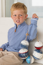 Load image into Gallery viewer, The Boys Blue Stripe Collins Quarter Zip offers a soft-knit feel in a classic navy stripe design, perfect for toddlers to tweens. This long sleeve pullover combines comfort and style, making it ideal for layering on cooler days or wearing alone for a casual, polished look. Durable and versatile, it’s a smart addition to any young boy’s wardrobe.