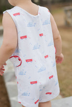 Load image into Gallery viewer, This charming Infant Boy's Puppy Dog Tails Reed Jon Jon from James & Lottie features an irresistible blue, white, and red puppy and wagon print that will captivate everyone's attention. Crafted from comfortable knit fabric, this adorable outfit is perfect for your little puppy enthusiast. Make summer memories even more special with this eye-catching Jon Jon that combines playful style with classic appeal. A must-have addition to your little one's wardrobe!